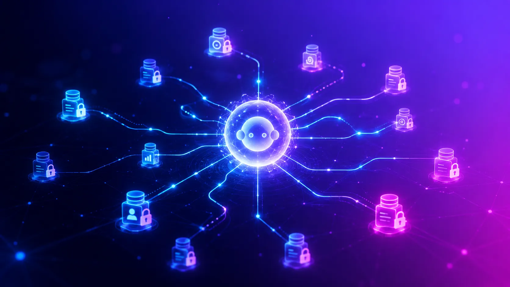 A glowing AI agent orb connected to a constellation of locked and unlocked data records