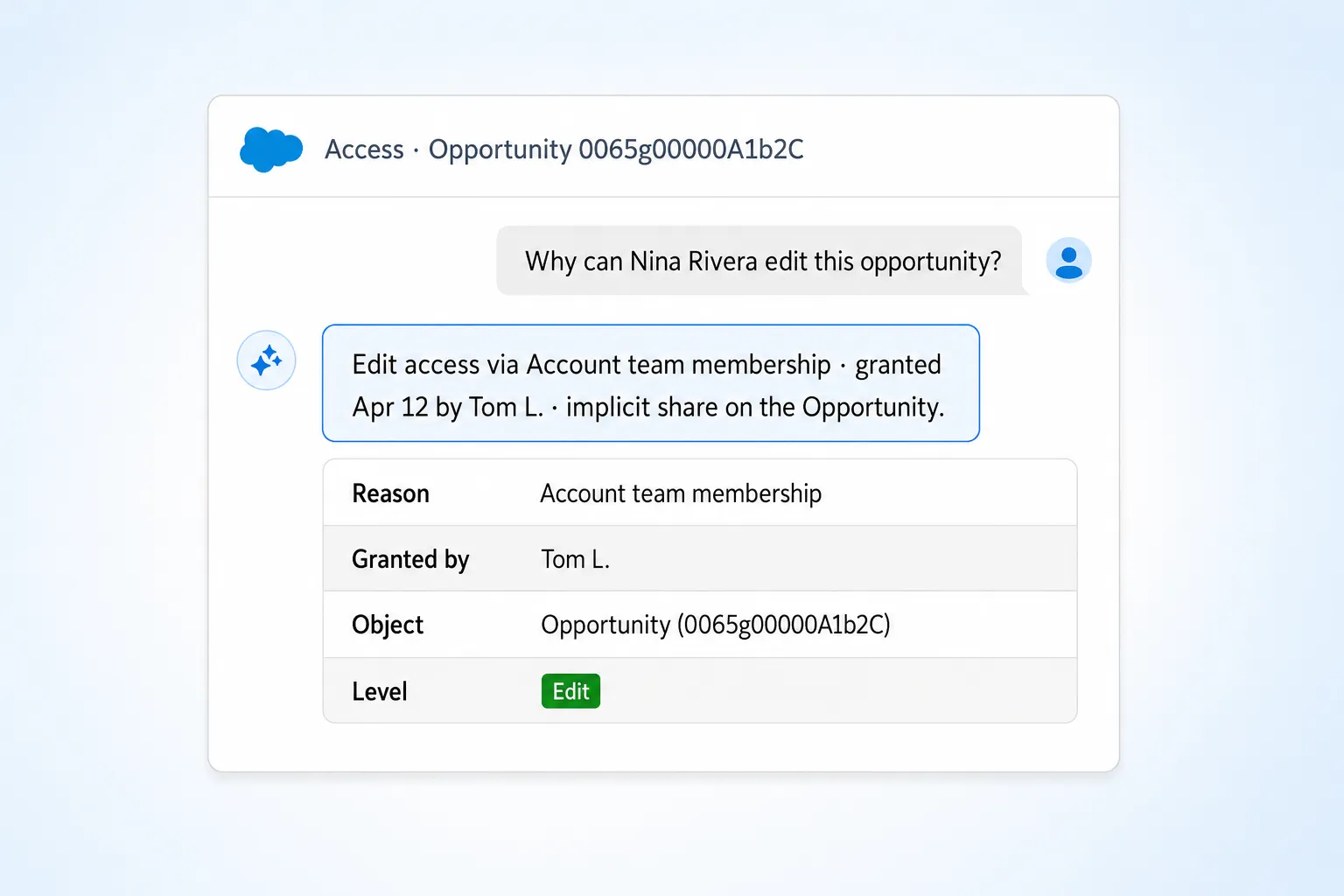 AgentForceAccess explaining why a Salesforce user can access a record
