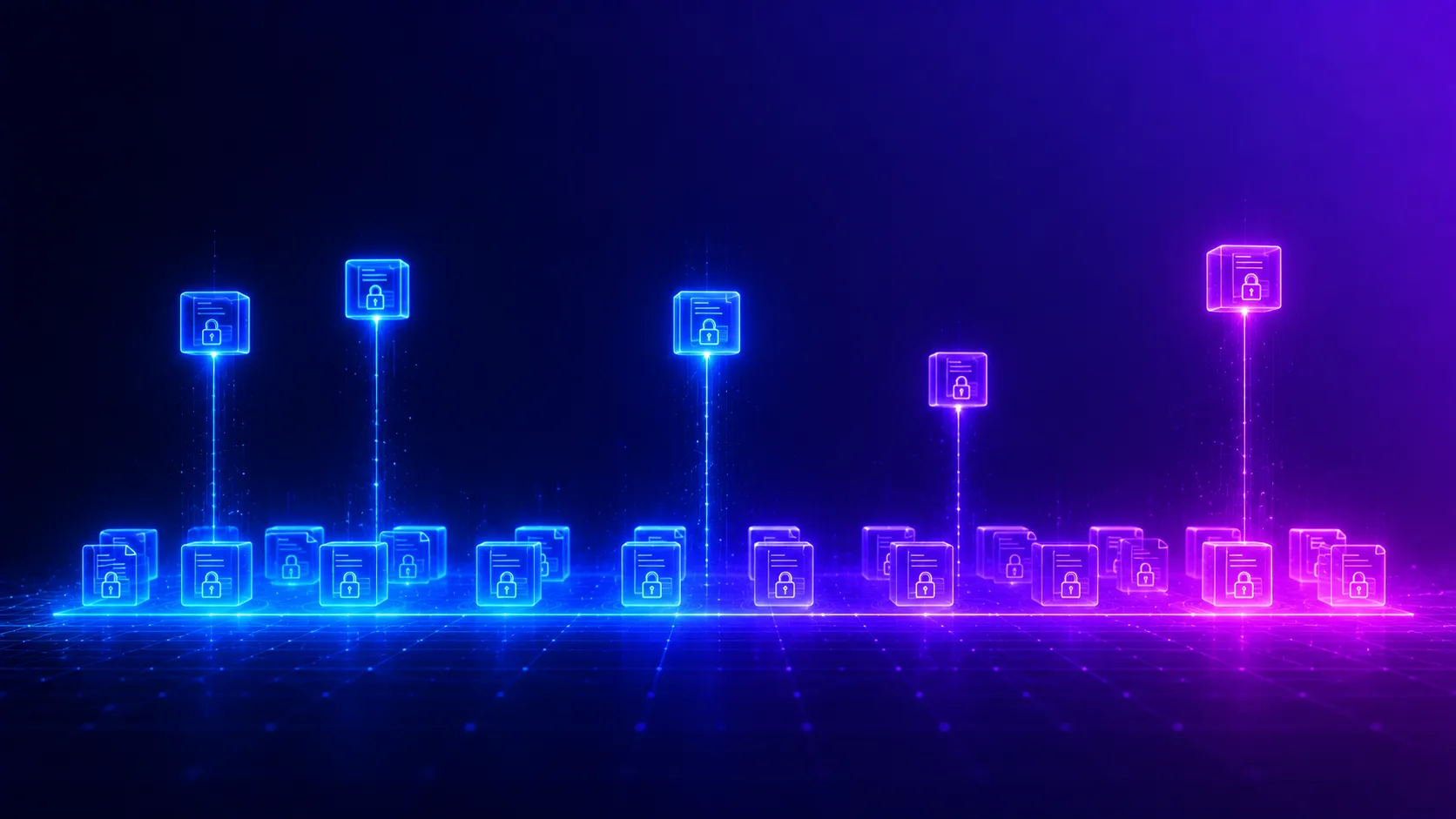 A glowing baseline floor with locked record cubes, a few raised on light pillars