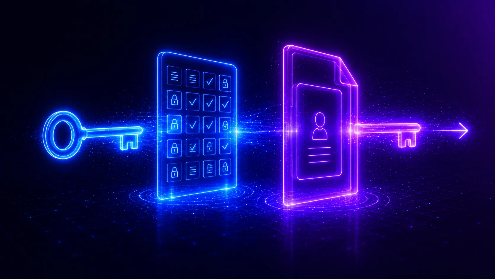 A key passing through two gates: a grid of field permissions, then a record-shaped gate