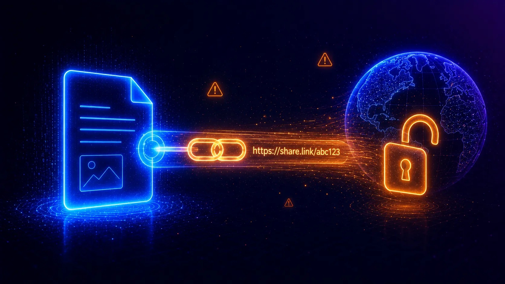 A file emitting a shareable link beam to an open globe and an unlocked padlock