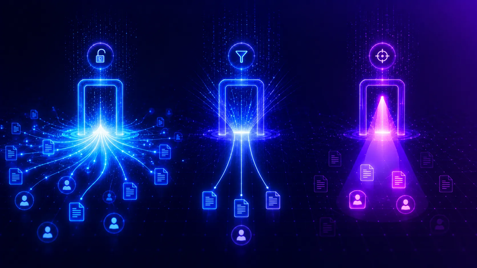 Three glowing gateways: one opening access, one funneling it down, one spotlighting a subset
