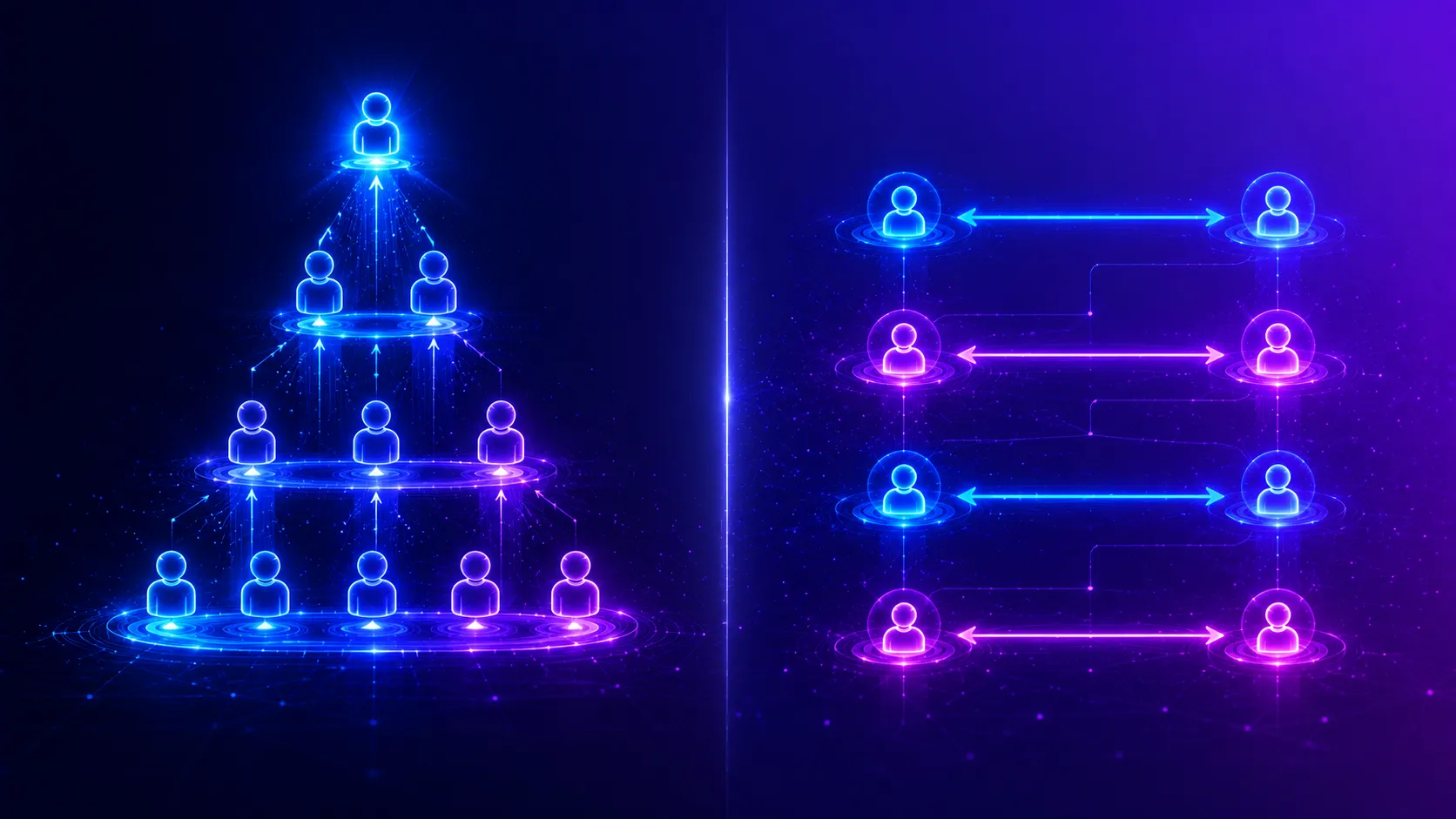 A vertical role-hierarchy pyramid beside horizontal peer-to-peer sharing arrows