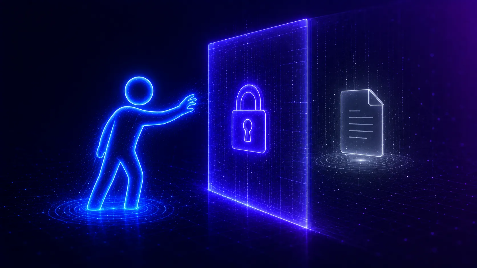 A user silhouette reaching toward a record locked behind a translucent barrier