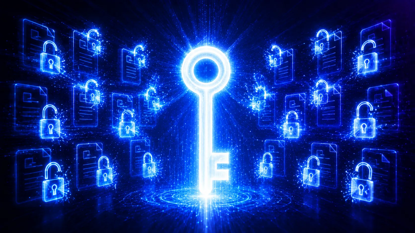 A bright master key surrounded by a wall of locked record icons