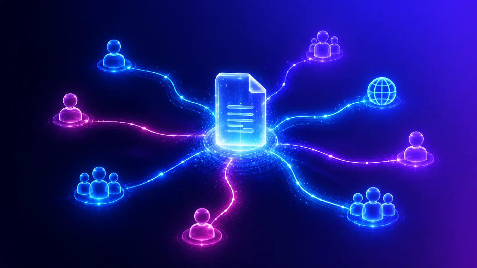 A glowing document icon radiating multiple access paths to different user silhouettes